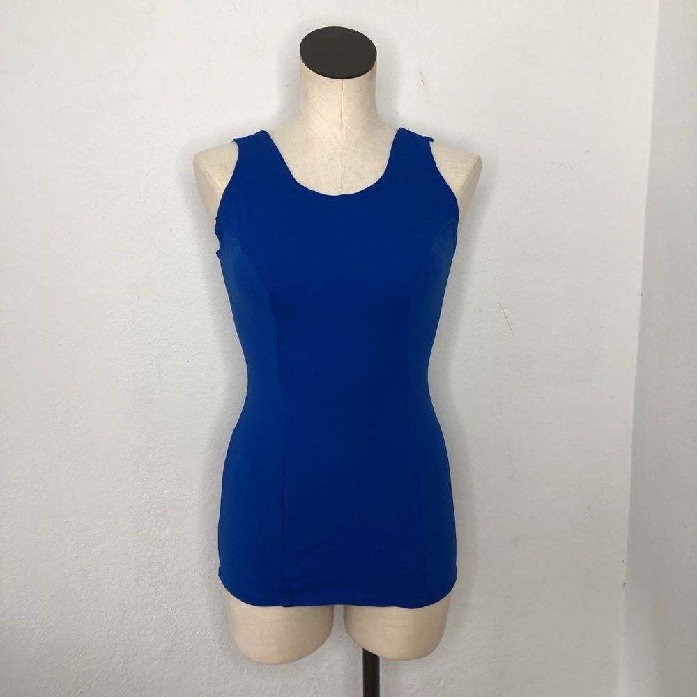Vintage 60s 70s Retro One Piece Stretch Nylon Swimsuit Pin Up Mod Playsuit Blue - Picture 10 of 16